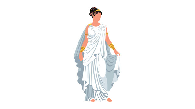Elegant woman dressed in a traditional white ancient Greek chiton and draped palla with golden jewelry against a clean white background in vector.