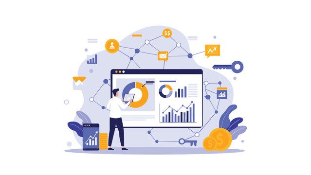 Business professional analyzing complex financial growth data and network connections on a large screen to optimize company performance and strategy.