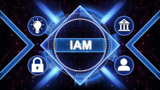 IAM Identity and access management concept. Modern business technology interface with gears and digital network icons, 4K animation background.