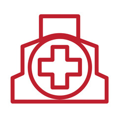 Obraz premium Medical hospital building icon with red cross symbol on white background