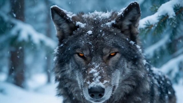 Close-up of a gray wolf with striking orange eyes in a snowy winter forest, suitable for wildlife documentaries, nature conservation projects, winter season themes, and animal photography.