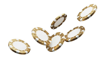 Gold and white casino chips falling on white background