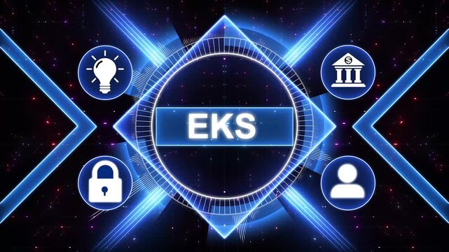 Digital EKS concept. EKS, elastic Kubernetes service, cloud computing, containerization. Business, modern technology, with gears and social media icons 4K animation background.