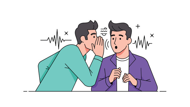 Side view illustration of a man whispering a secret or gossip into the ear of a surprised friend with sound wave graphics between them.