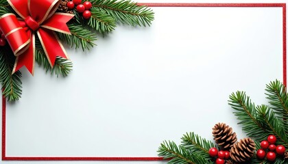 Obraz premium Christmas fir branches with red bow, berries, and pine cones form a border on white background. Festive frame with space for text wishes and greetings.