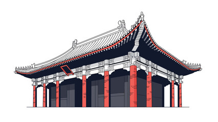 Fototapeta premium Traditional East Asian temple architecture with multi tiered roof and red pillars shown in a detailed graphic vector illustration style.