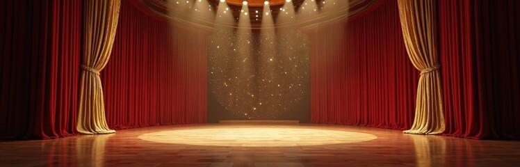 Obraz premium Empty theater stage with red velvet curtains and golden accents. Spotlights shine on wooden floor, creating spotlight effect. Sparkly background suggests a performance or awards event.