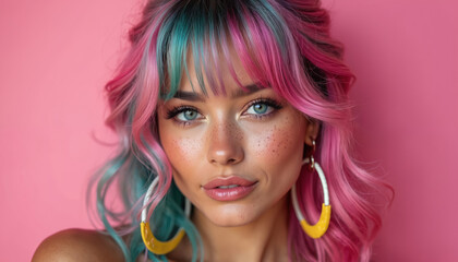 Obraz premium Young woman with vibrant pink and teal hair poses against a bright pink backdrop. She wears large hoop earrings and has freckles. Her makeup is subtle and her expression is friendly.