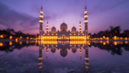 Obraz premium Blurred grand mosque with golden lights reflecting in water symmetrical twilight purple sky bokeh Ramadan night background