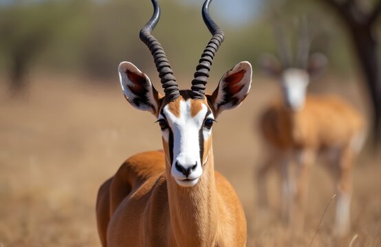 Male blesbok antelope looks straight ahead in savanna landscape. Another antelope is blurred in background. Animal stands on dry grass field during daytime in Africa.