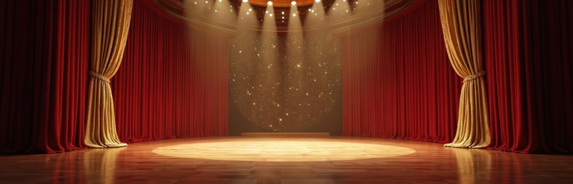 Empty theater stage with red velvet curtains and golden accents. Spotlights shine on wooden floor, creating spotlight effect. Sparkly background suggests a performance or awards event.