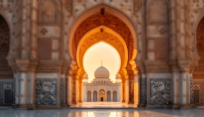 Fototapeta premium Soft focus ornate Islamic archway with glowing dome view warm amber golden light carved stone tile decoration mosque background