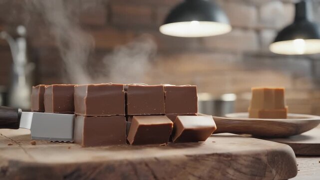 Chocolate fudge cut into neat squares on wooden board as warm steam rises inside small artisan candy kitchen during confectionery preparation. Dessert making concept