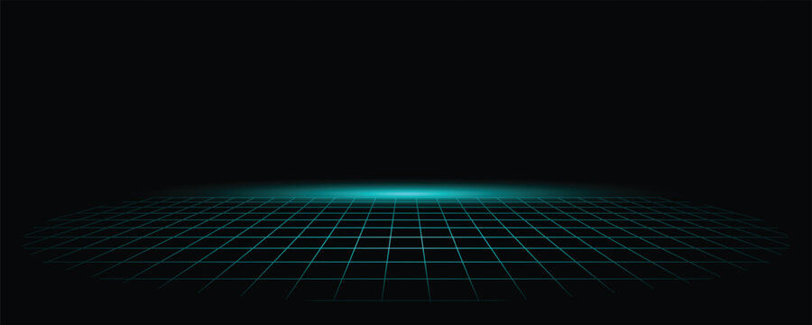 Futuristic cyan neon grid floor on a dark black background