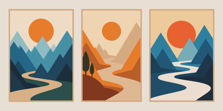 Mountain river landscape illustration, three panel vector scene with winding white river blue teal mountains orange sun and green valley trees.