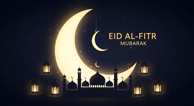 Celebration of eid al-fitr with illuminated moon and mosque silhouettes
