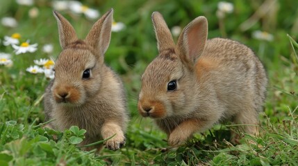 Naklejka premium Two Adorable Baby Bunnies Sniffing Grass Outdoors in Close-Up Detail