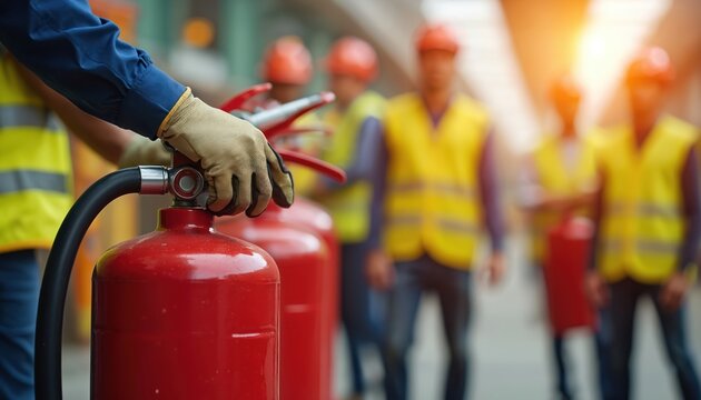 Worker demonstrates fire extinguisher use to team wearing safety vests and helmets. Hands hold red fire can during outdoor training exercise. Fire safety preparedness for workplace.