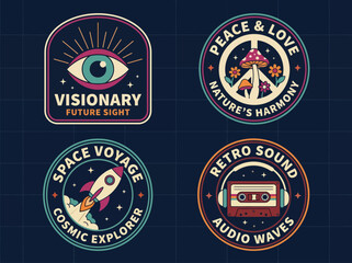 Obraz premium A vibrant collection of four circular designs featuring symbols of vision, harmony, space exploration, and retro sound, combining nature and artistic elements beautifully.