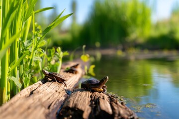 Midday Scene of Turtles Sunbathing on Driftwood by Tranquil Water in Wildlife Habitat