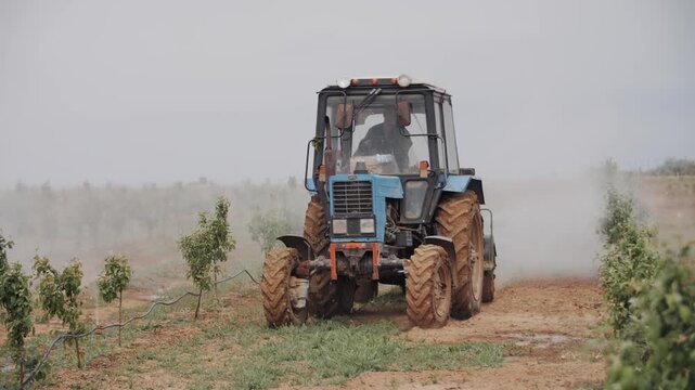 Tractor plowing a dusty orchard row during field work.