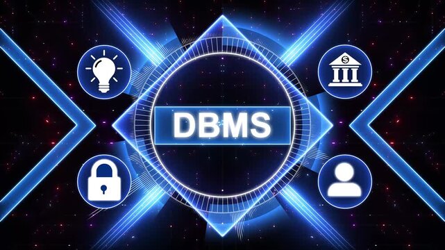 DBMS, Database Management System concept with icons, with gears modern technology, internet and social media icons 4K animation background.