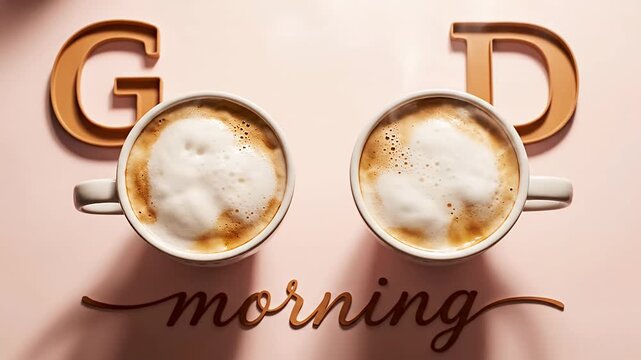 Two steaming coffees with 'Good Morning' text on pink background