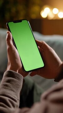 Over the shoulder view of a man holding a modern mobile phone with a green screen display. Cozy evening atmosphere with warm lights in the background, perfect for content replacement and mockups