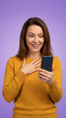 Naklejka premium Excited woman looking at phone with hand on chest