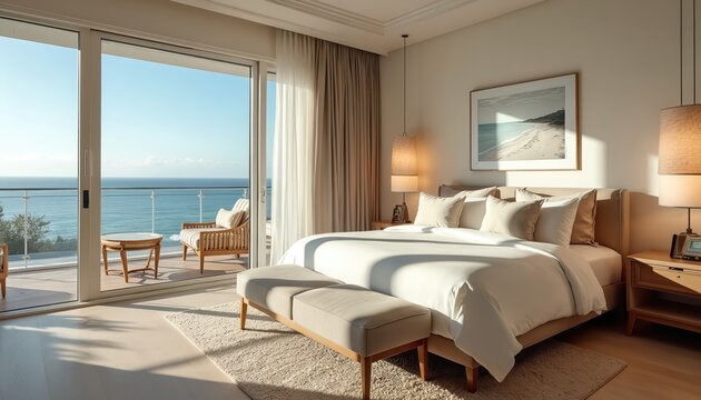 Ocean view bedroom in luxury resort hotel suite. Spacious room with king size bed, balcony, and sea panorama. Peaceful vacation stay at coastal getaway location.