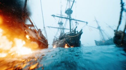 Obraz premium An intense visual of ships caught in a stormy battle, surrounded by flames and water, evoking feelings of chaos and drama in a historical maritime setting.