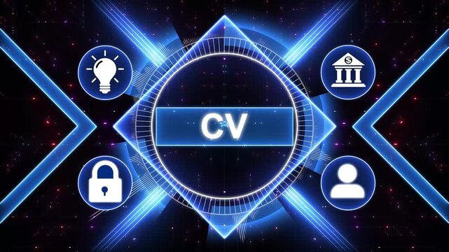 CV Coefficient of Variation acronym. CV acronym Ratio of standard deviation to the mean, indicating relative variability. Modern technology, internet and social media icons 4K animation background.