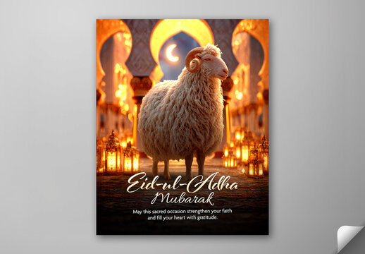 Editable Eid ul Adha Mubarak Greeting Social Media Post Template with Majestic Sheep and Illuminated Arabic Lanterns in Mosque Arch Night Background.