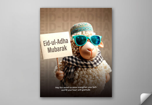 Editable Eid ul Adha Mubarak Greeting Social Media Post Template with Stylish Cartoon Sheep Holding Signboard on Brown Background.