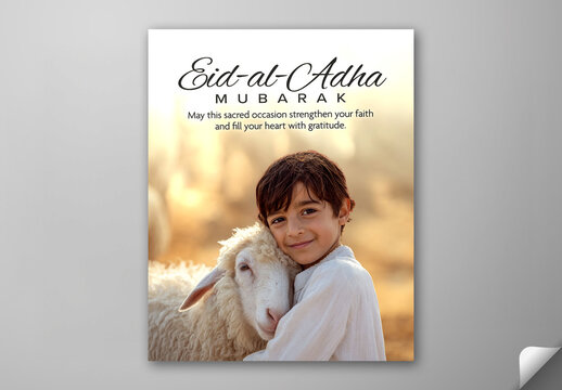 Editable Eid al Adha Mubarak Greeting Social Media Post Template with Young Muslim Boy Hugging Sheep Photo.
