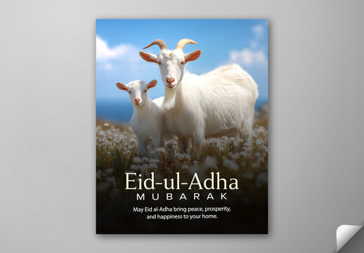 Editable Eid ul Adha Mubarak Greeting Social Media Post Template with White Goat and Kid Portrait in Meadow Landscape Background.