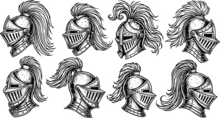 Set of medieval knight helmets with plumes hand drawn black and white sketch style vector illustration isolated on white background. © Selina