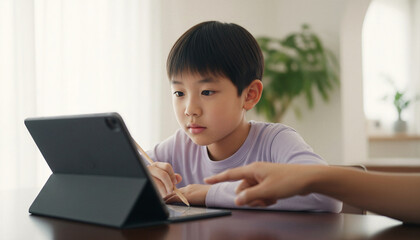 Portrait of a focused young Asian boy using a digital tablet and stylus for creative learning at home