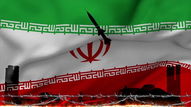 Iranian flag concept motion with missiles and conflict below the footage