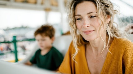 Obraz premium A focused mother watches over her child while engaging with a digital screen, highlighting the connection of technology and family experience in a casual setting.