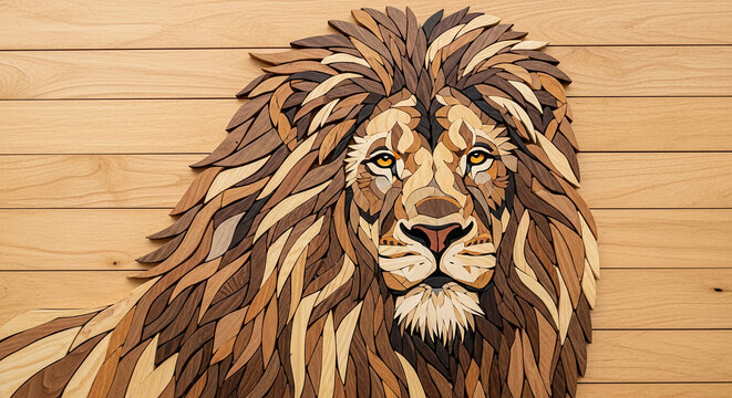 Wooden lion artwork on plank backdrop featuring golden eyes, showcasing strength, power, and leadership, perfect for wildlife or nature concepts