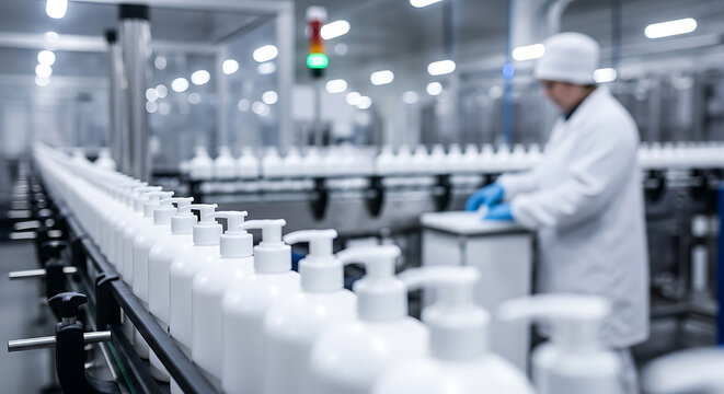A worker in a lab coat inspects rows of white bottles on a production line in an industrial factory setting with machinery and lighting.