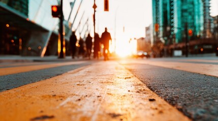 Obraz premium An artistic capture of a city sunset, featuring silhouetted figures walking along a marked crosswalk, evoking a sense of movement and warmth of the urban landscape.