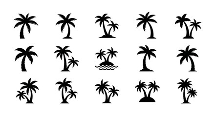 Minimalist flat vector illustration set of palm tree silhouettes arranged in a clean grid layout. © MOCHRABBUL