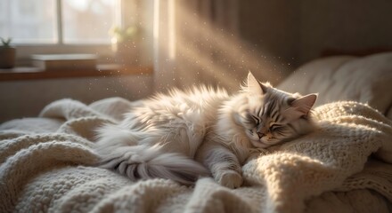 Obraz premium fluffy cat sleeping in sunlit room