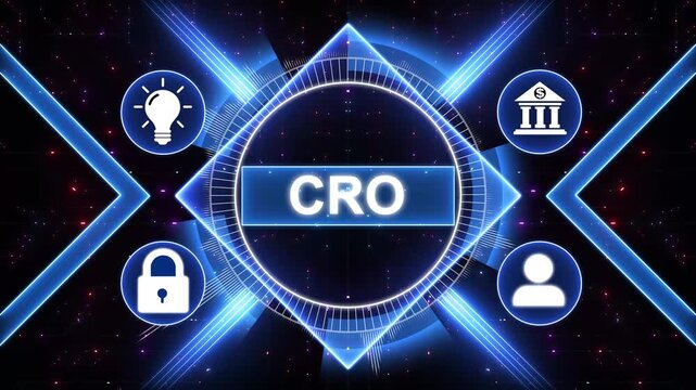 CRO concept with interconnected icons and with gears background Keywords: CRO, conversion rate optimization, marketing, business, technology, digital interface on cyan color background
