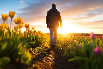 Fototapeta premium Endless Fields of Dutch Tulips at Sunrise with Back View of Person Walking Through Blooms