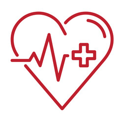 Red heart with medical cross and cardiogram line on white background