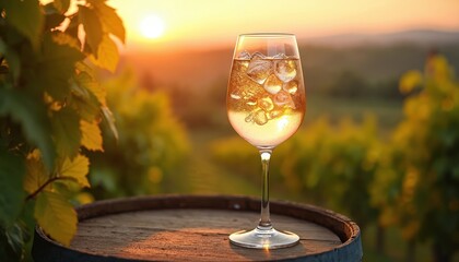 Naklejka premium Glass of cold bubbly drink with ice sits on wooden barrel. Sunset casts warm glow over blurred vineyard rows. Golden hour light shines through leaves, highlighting refreshment.