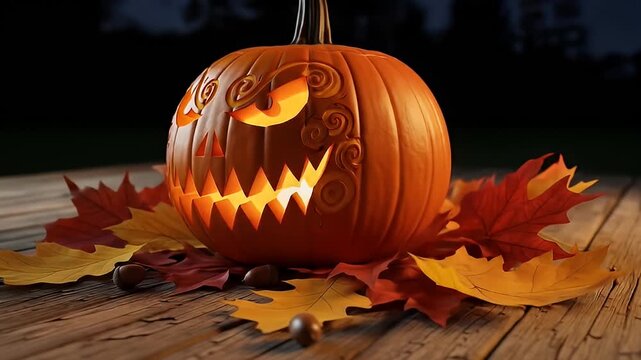 Halloween pumpkin with carved face and autumn leaves on rustic wood table, dark BG
